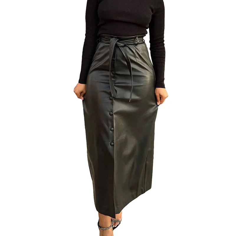 

Mutevole Women Bandage Button Bodycon Black Faux Leather Maxi Skirt Single Breasted Pu Leather Long Skirt