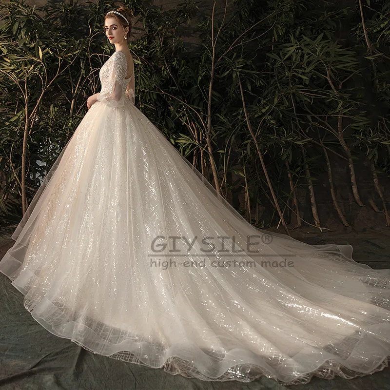 GIYSILE Aangepaste Bruids Belangrijkste Trouwjurken Luxe 2025, Nieuwe Staart Kant Lange Mouw V-hals Grote Maat Trouwjurk Vestidos