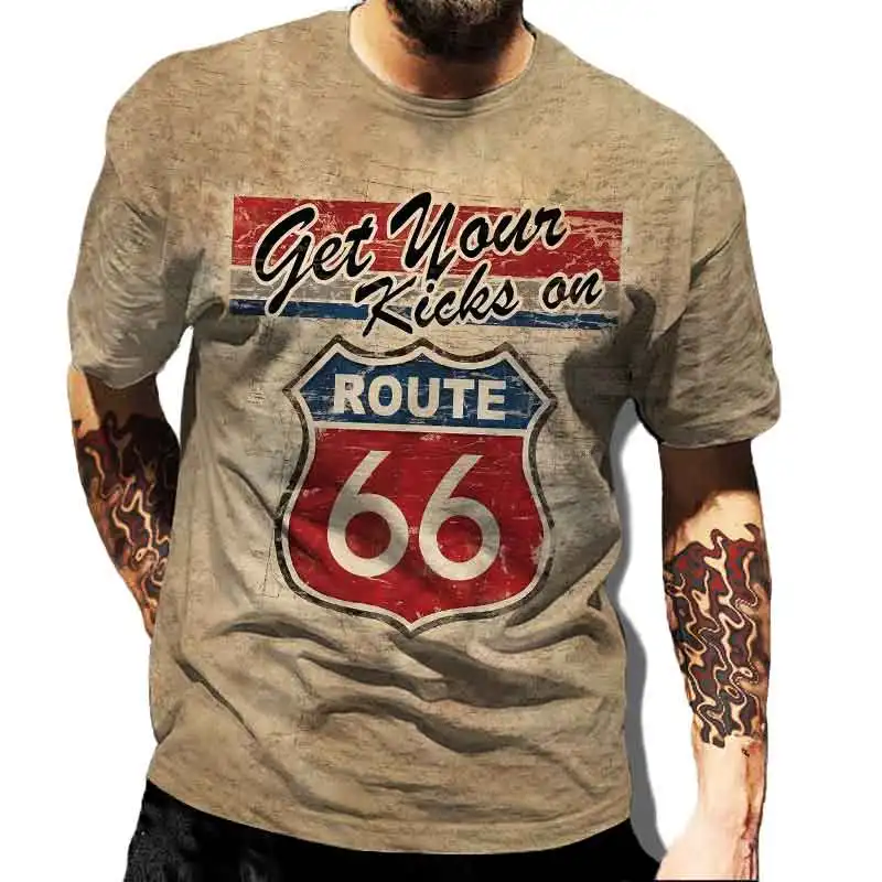 US Route 66 Printed New Men\'s Vintage T-Shirt European Size Hip-Hop Tops Tee Men Clothes Oversized T Shirt Daily Casual Clothing