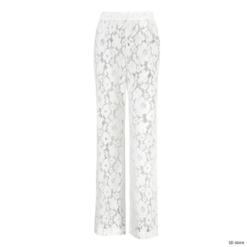 Lace White Jacquard Perspective High Waist Casual Bell-bottoms 2025 Spring Fashion Street Girls Pants
