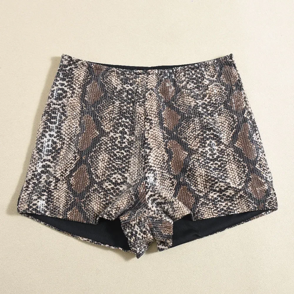 Sexy Sequined Beaded Shorts Women's Christmas Leopard Print Elastic Hot Pants Elastic Waist Casual Shorts