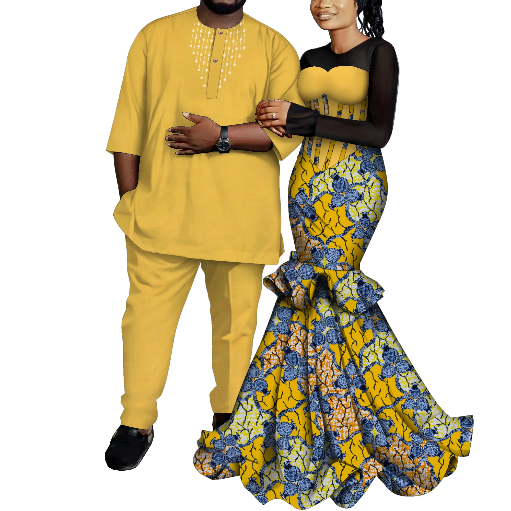 

Африканская парная одежда, 2 комплекта, модное женское платье и Дашики из Анкары, мужская рубашка и брюки WYQ1083