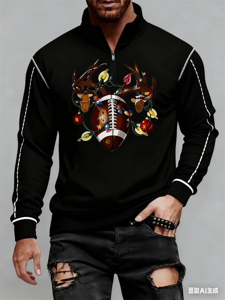 

Autumn Winter Rugby Christmas Printed Men's Half-zip Stand Collar Tops Holiday Casual Cute X'mas Elk Graphic Fashion Men Clothes