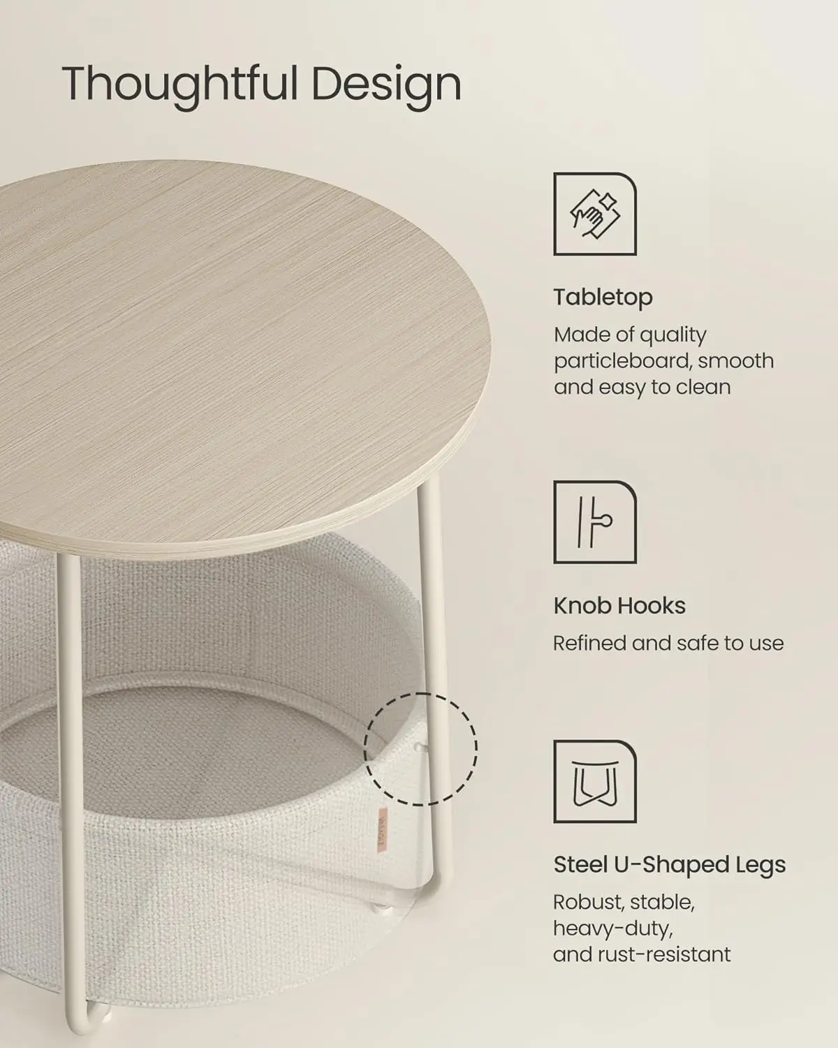 Collection - Small Round Side End Table, Modern Nightstand with Fabric Basket, Cream White chest of drawers for bedroom