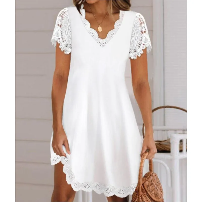 Summer New Solid Color Lace Short Sleeved V-neck Women\'s Dress Elegant White Loose Fitting A-line Dress Vestidos De Mujer Casual