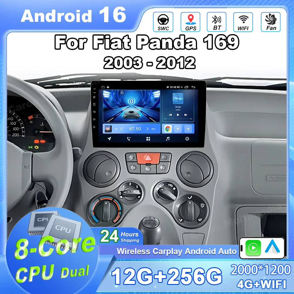Car Radio Android 16 For Fiat Panda 169 2003 2004 2005-2012 Carplay Auto GPS Navigation 360 Camera Stereo No 2 Din Video Player
