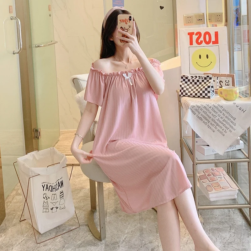 

2024 летние милые ночные рубашки с коротким рукавом для девочек с бантом для женщин Корейская Свободная одежда для сна ночная рубашка для студентов домашняя одежда