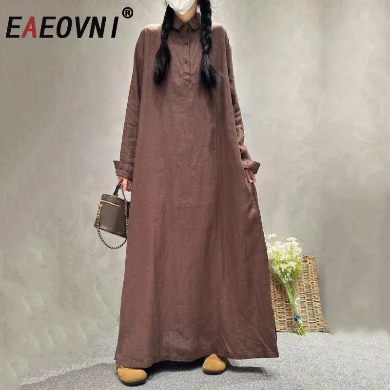 

EAEOVNI Vintage Style Solid Color Loose Long Dress Women's Button Lapel Versatile Dresses Casual 2025 New Clothing 1A764