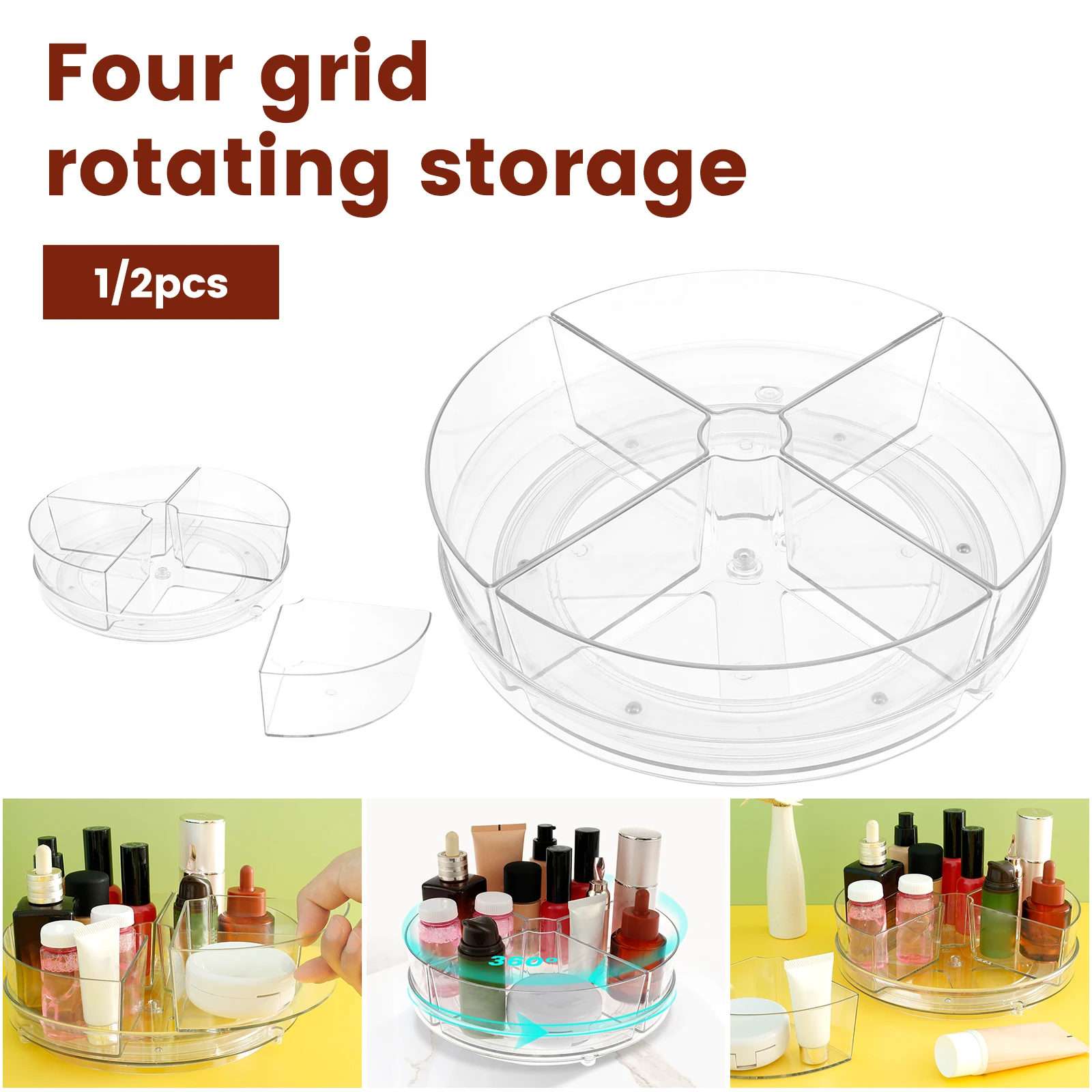 Lazy Susan Organizer with 4 Removable Bins Acrylic Turntable Organizer Easy to Access Rotating Makeup Organizer 360° Rotating