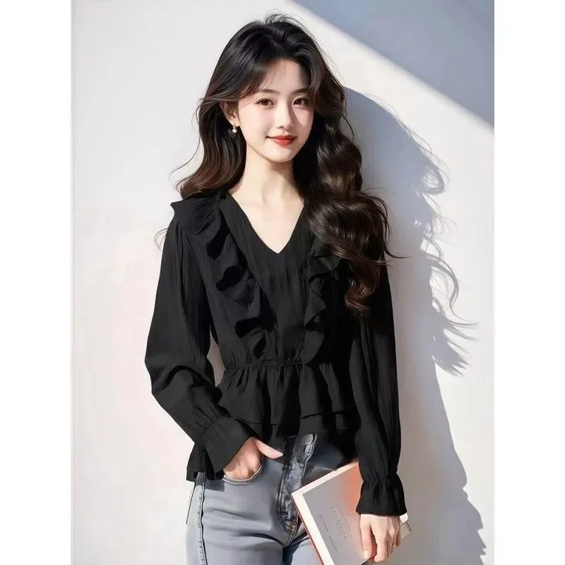 

Рубашка с v-образным вырезом и рюшами, новый стиль, уникальный темперамент, супер красивый и шикарный топ для похудения