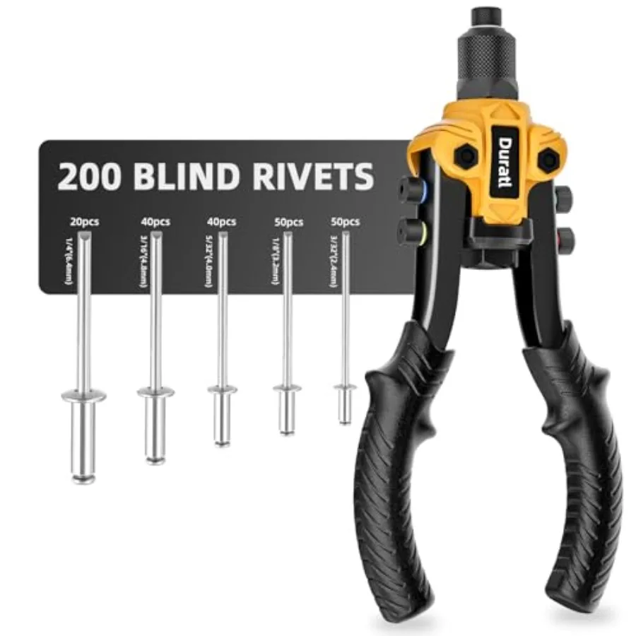 Heavy Duty Hand Riveter Tool with 200 Blind Rivets and 5 Interchangeable Rivet Heads 3 32 1 8 5 32 3 16 1 4 for Metal Fabricati