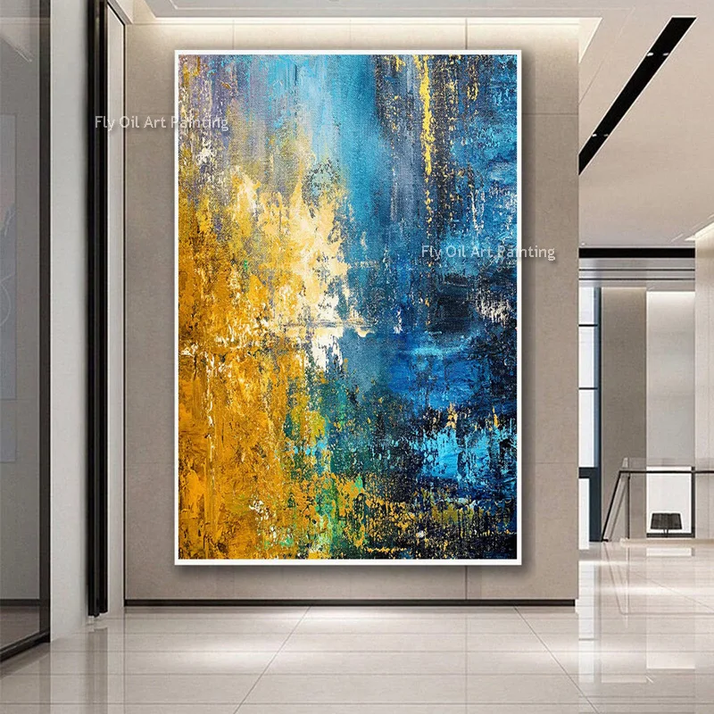 تصميم جديد مرسومة باليد الأزرق الذهبي سميكة قماش النفط اللوحة مجردة الأزرق الداكن الذهب احباط الفني لديكور غرفة المعيشة كهدية