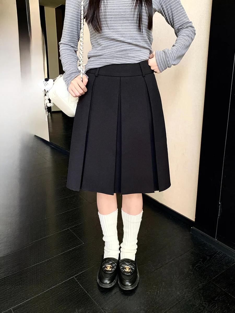 

Юбка-трапеция с высокой талией, плиссированная, черная, для женщин, в студенческом стиле, универсальная, повседневная, для прогулок