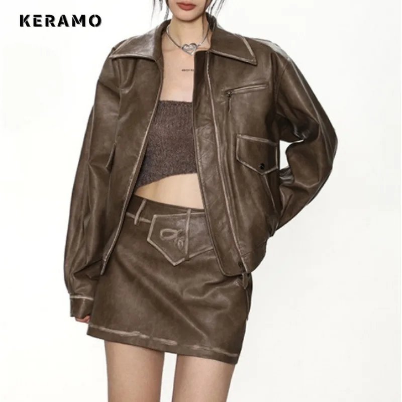 2023 Autumn Vintage Motocycle Style 2 Piece Set Women Long Sleeve Retro Coat + A-line Skirt Sexy Leather Two Piece Skirt Set