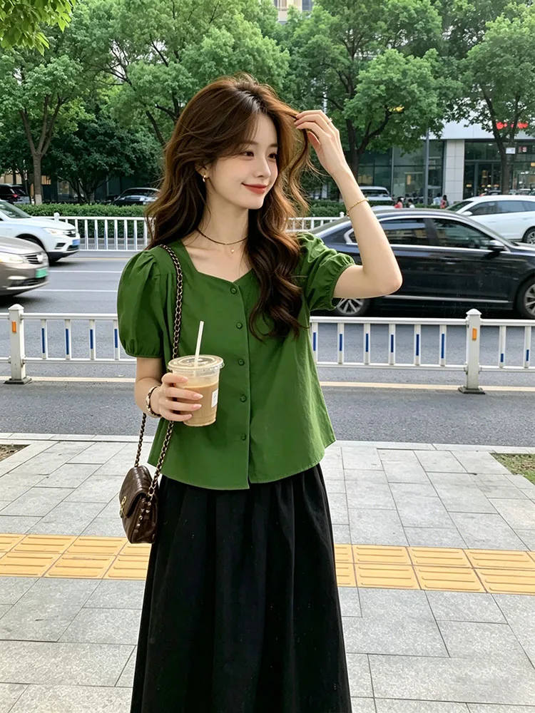 

Elegant Casual Bubble Sleeve Shirt Women's Fashion Design Summer New Slimming Beautiful Top Straight Cut Short Sleeve V-Neck