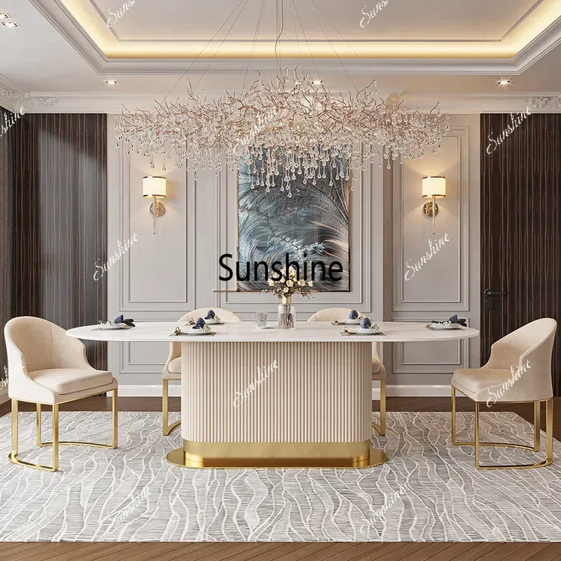 Oval home dining table, hotel restaurant, high-end poly dining table and chairs, light luxury slate table