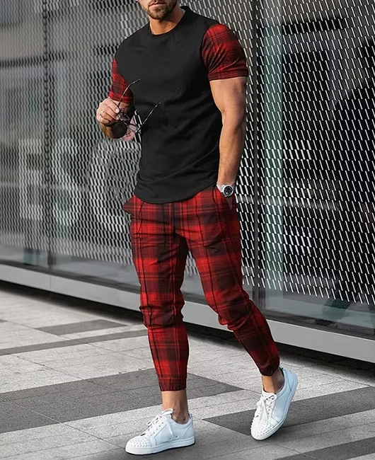 Newest Summer Men 3D Printed short T-shirt Trousers Set Men T-shirt Trousers Set Man Short Sleeve Long Pants Set Retro Casual