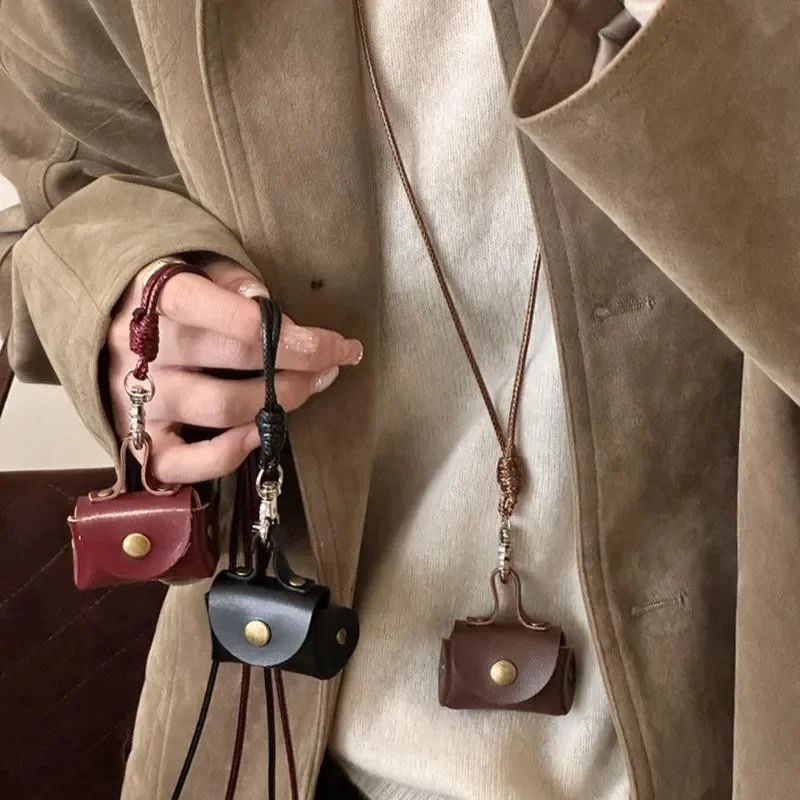 Creativity Leather Coin Purse Pendant Necklace for Women Earphone Cover Leather Rope Sweater Chain Long Accessory Storage Bag