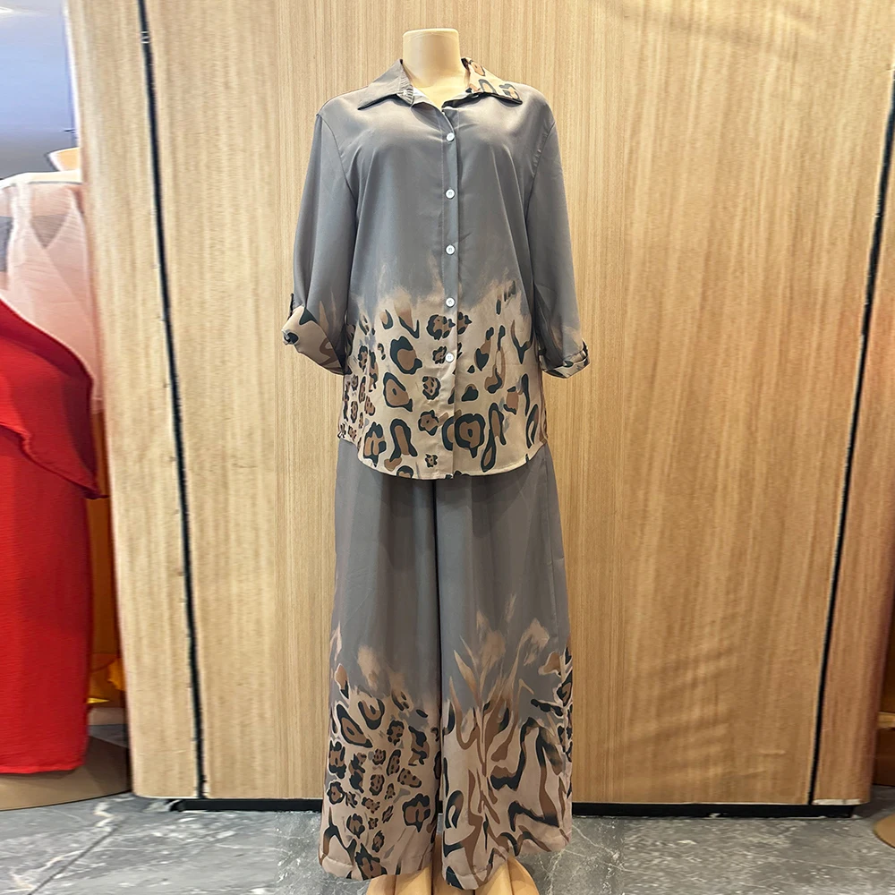 2025 Fashion Leisure Loose Leopard Pattern Shirt Two Piece Set Autumn Women's Casual Elegant Wide Leg Pants Fashion New Product