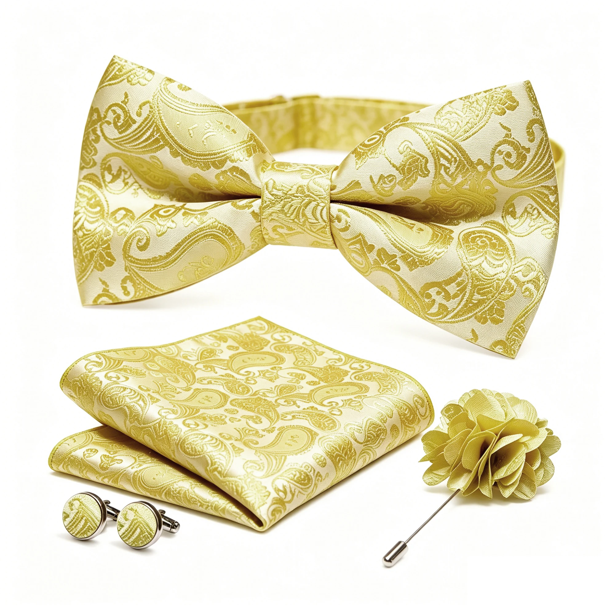 36-teiliges Set: Schwarze Seiden-Jacquard-Paisley Herrenfliege, Brosche, Einstecktuch und Manschettenknöpfe – Vorgebundene Schmetterlingsfliege für Herren, Hochzeit und Business – Detail 22