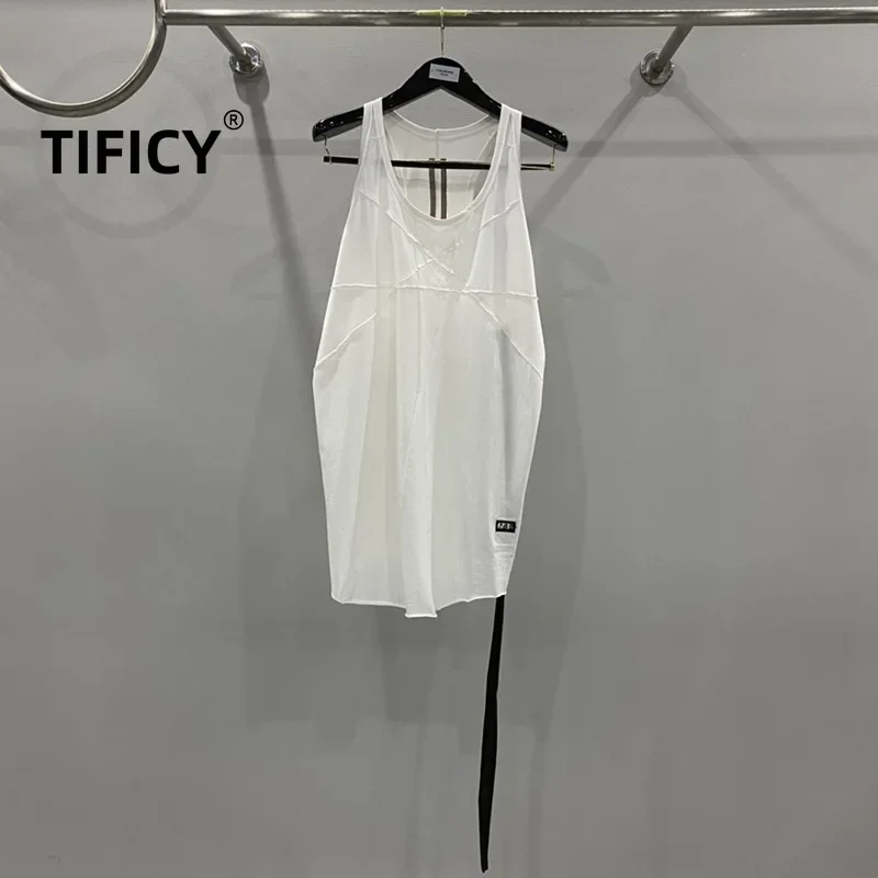 

TIFICY Cotton High Street Casual Loose Tee Tanks Tops Men's Ribbon Spliced Sports Tank Couples in 3 Colors Streetwear