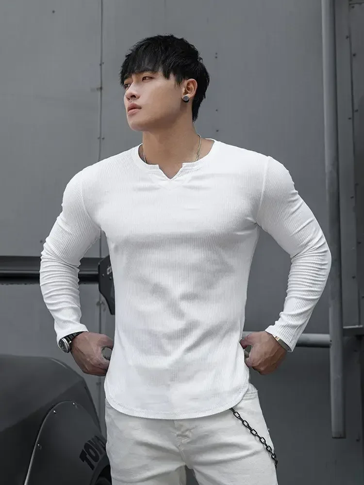 Tops Slim Fit T Shirts for Men Black Running Male Clothes Gym Tight V Neck Oversize Big Size Elasticity Korean Luxury New JJ1091