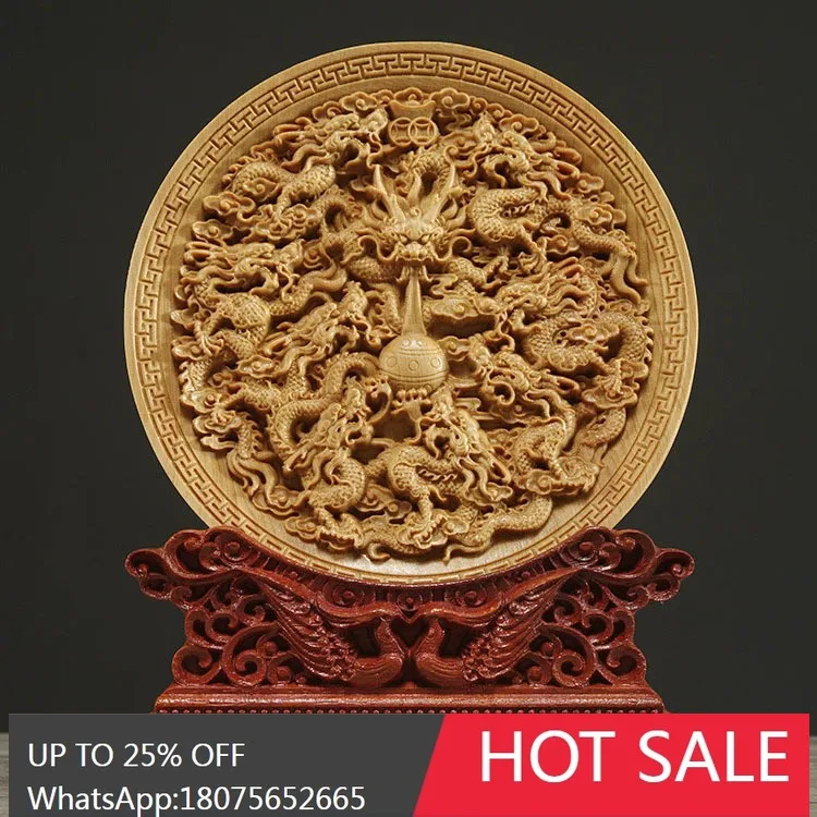 MJY Solid Wood Carved Disc  Dragon Playing with Pearls Home Decoration Ornament Carp Leaping Over the Dragon Gate Decor