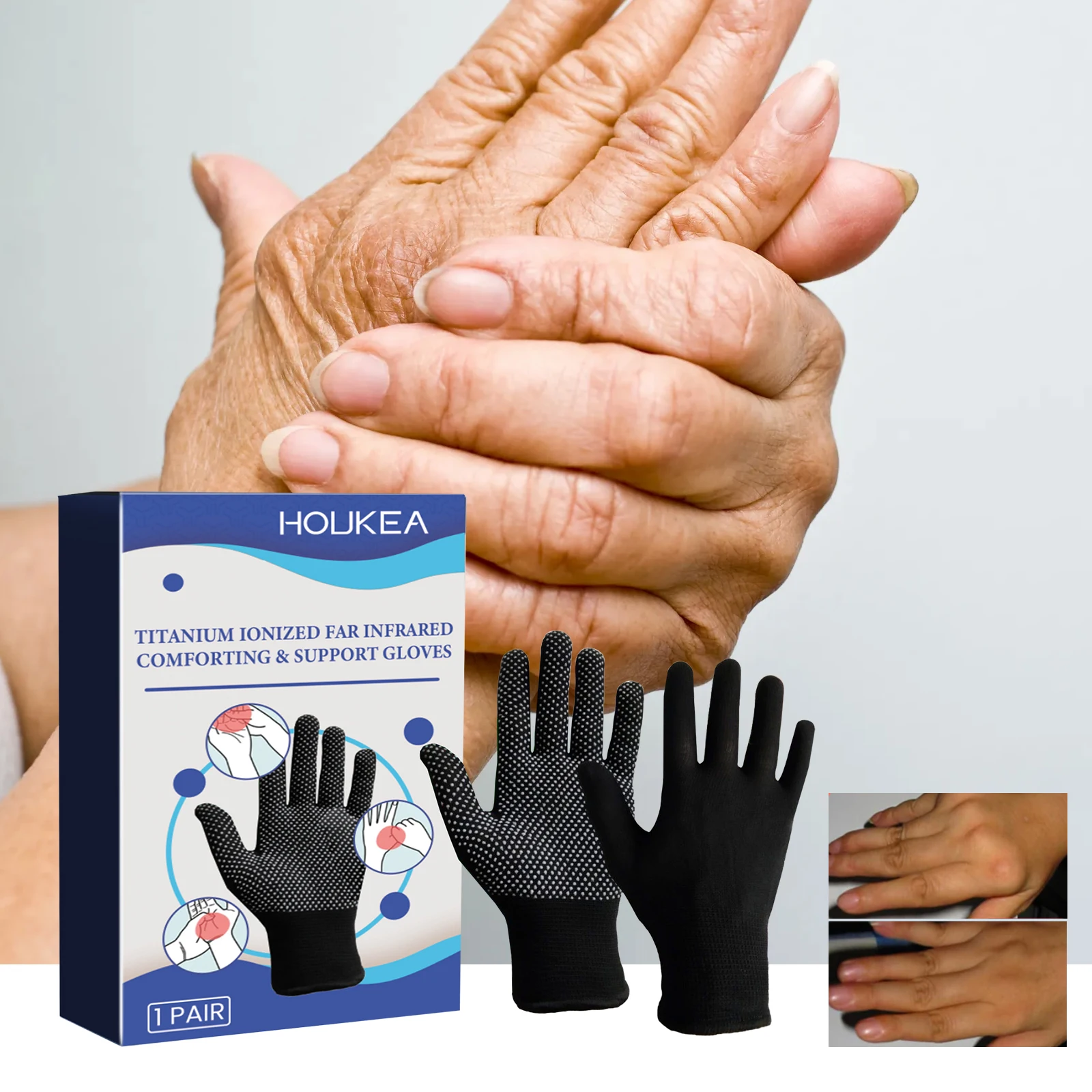 Abgabe von Relief-Handschuhen. Handgelenkhandschuhe zur Linderung von steifem, wundenem und geschwollenem Handgelenk und Daumengelenken