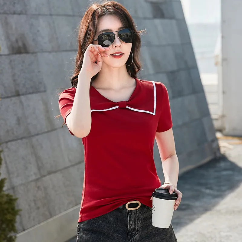 

NEW Women's Bow Neck Short sleeved/Short sleeved Cotton T-shirt/Round necked Short sleeved/Women's Summer T-shirt/Ultra thin Sh