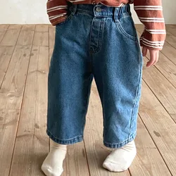 Frühling Säuglings jeans Kleinkind Retro-Stil hohe Taille lässig gerade Jeans hose Baby Jungen und Mädchen lose weites Bein Hosen