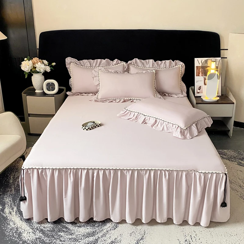 Falda de cama de algodón puro de 1 pieza, cubrecama de color liso con encaje, ropa de cama, tamaño Twin/Queen/King, sin funda de almohada