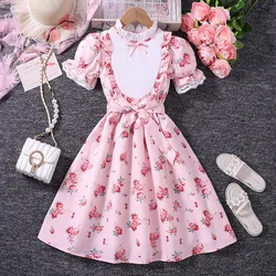 Girl Dress Summer New Vintage Pink Cute Floral Retro Print Lace Princess Girl Dress Fashion For 8-12Ys Kids Daily Casual Outfit