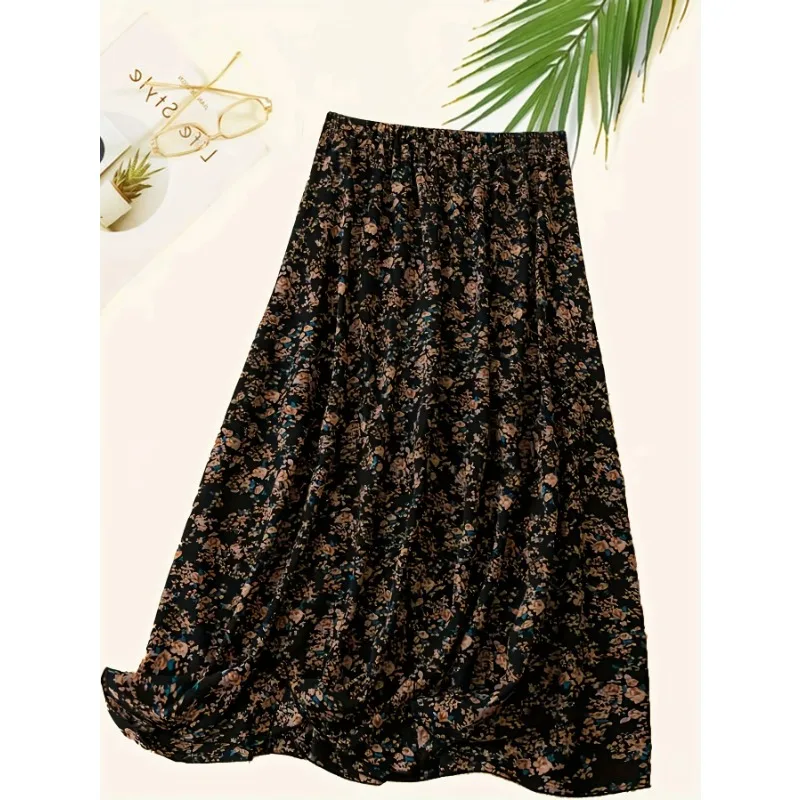 Plus Size 1XL-5XL New Summer Women's ALL-season Fashionable Floral Print Skirt Women's Casual Elastic Waist Skirt 2