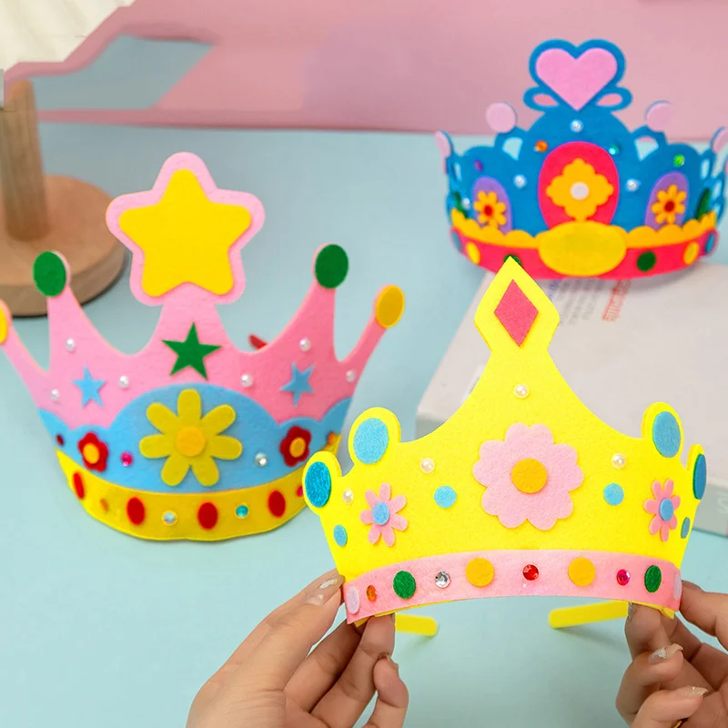 4Pcs Birthday Crown Hat Baby Crafts DIY Material Kid First Non-woven Birthday Hat Decoration Prince Princess Party Decor Toys