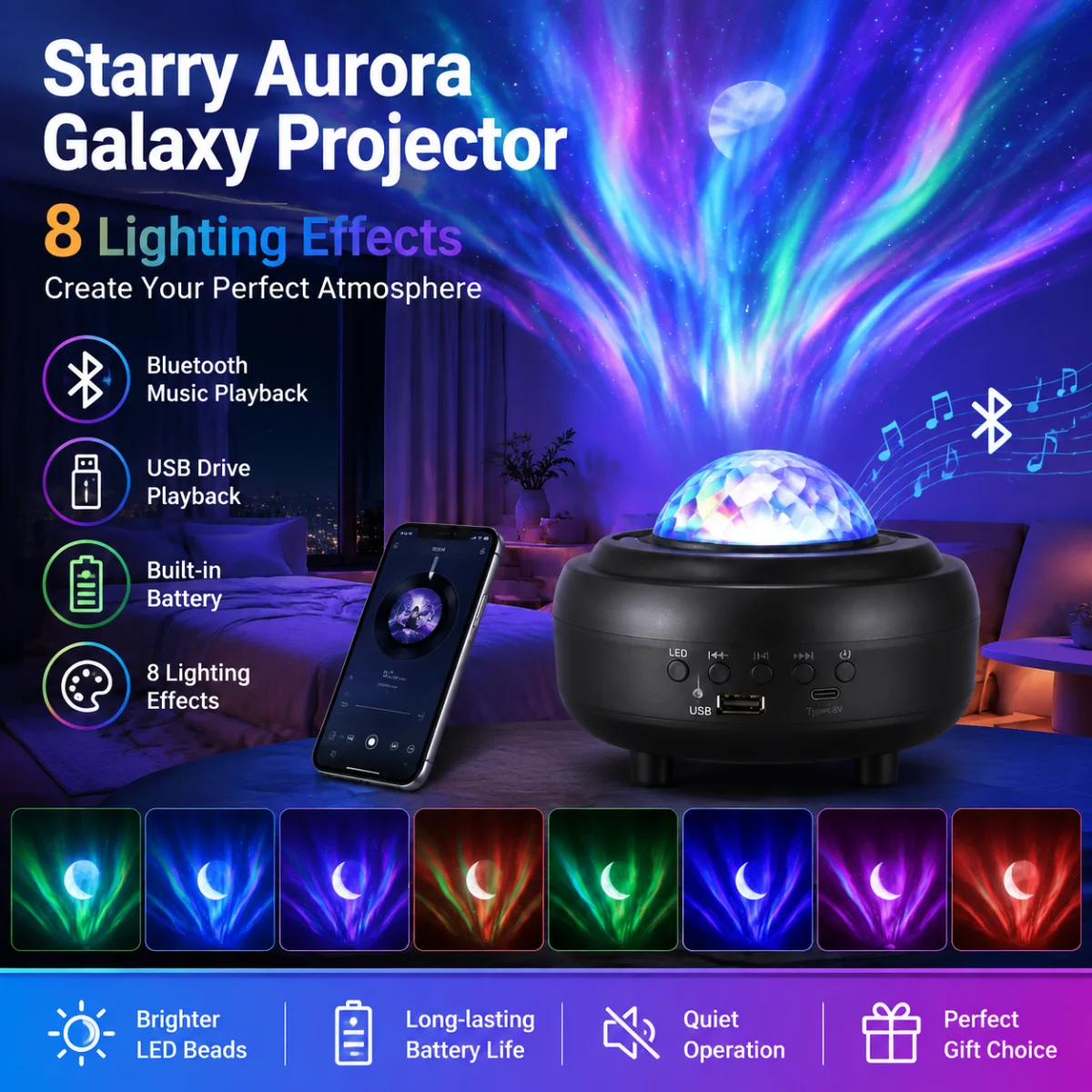 Northern Lights Starry Sky Projection Lamp Bluetooth Music Player RGB Starry Sky Atmosphere Lamp Gift Projection Night Light