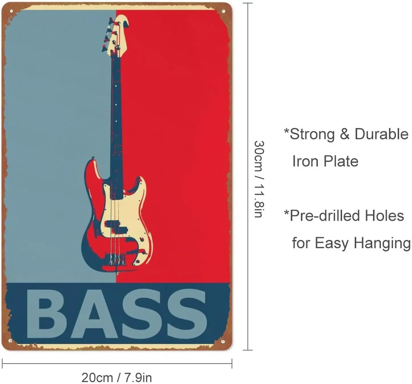 Bass Guitar Retro Red Blue Poster Vintage Tin Sign Unique Metal Wall Decor for Home, Bar, Diner, Pub