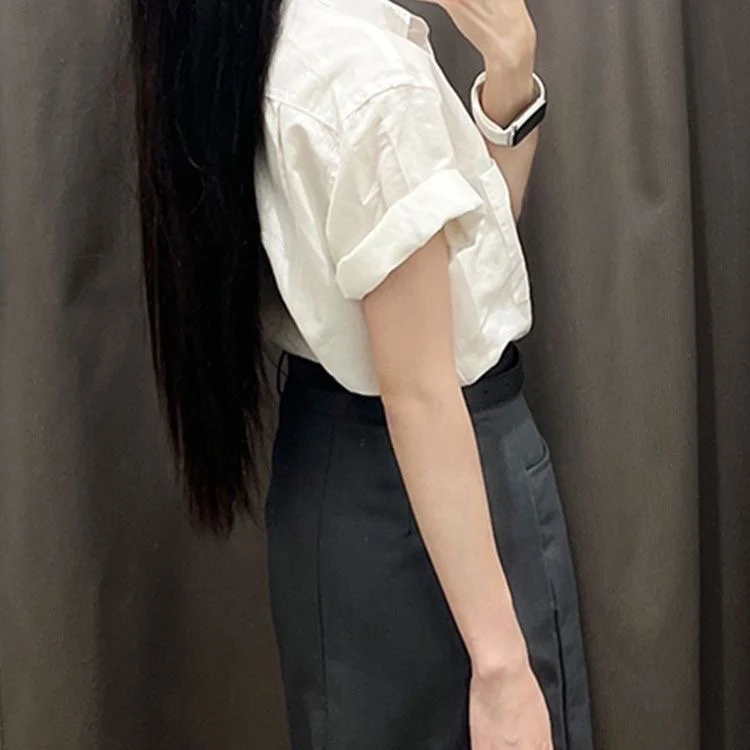 Hong Kong Style Pure Cotton Short Sleeve Women's Shirt Fashion Design Casual Commute Professional Top Summer Breathable Comfo...