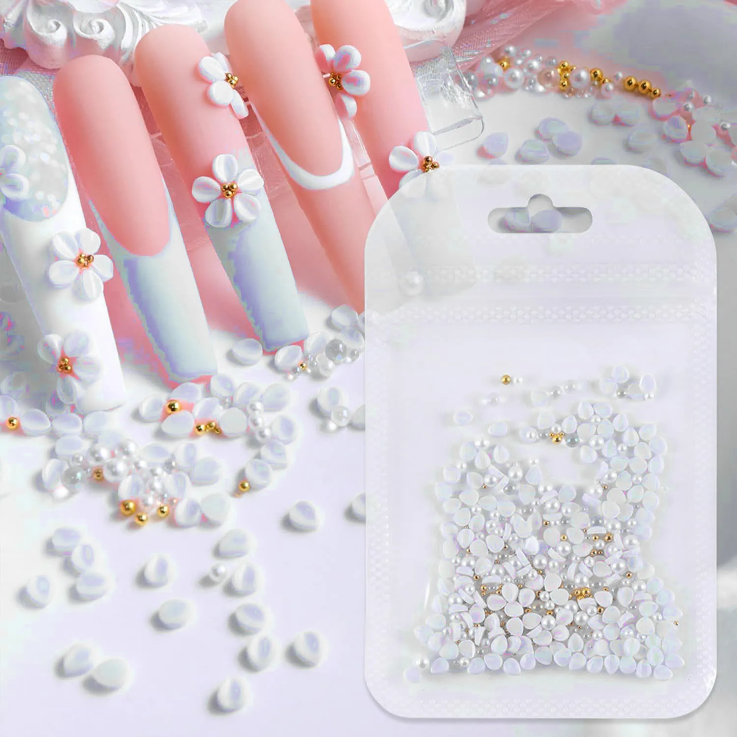 150Pcs Mixed Spring Pink&White Carving Petals Flower Nail Charm Metalic Steel Bead&Pearl Acrylic Petal Nail Art DI Nail Flowers