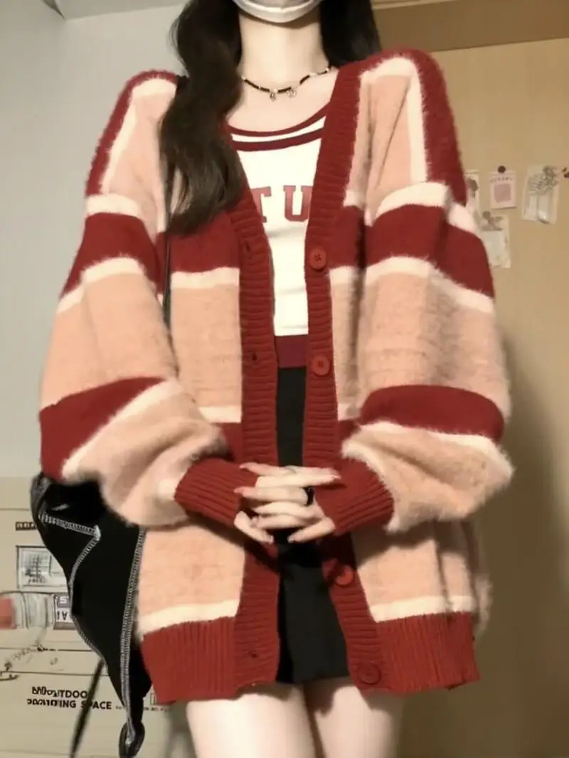 Pull femme chaud tricots manteau printemps rouge couleur bloc tricot portable Midi ample épais Cardigan