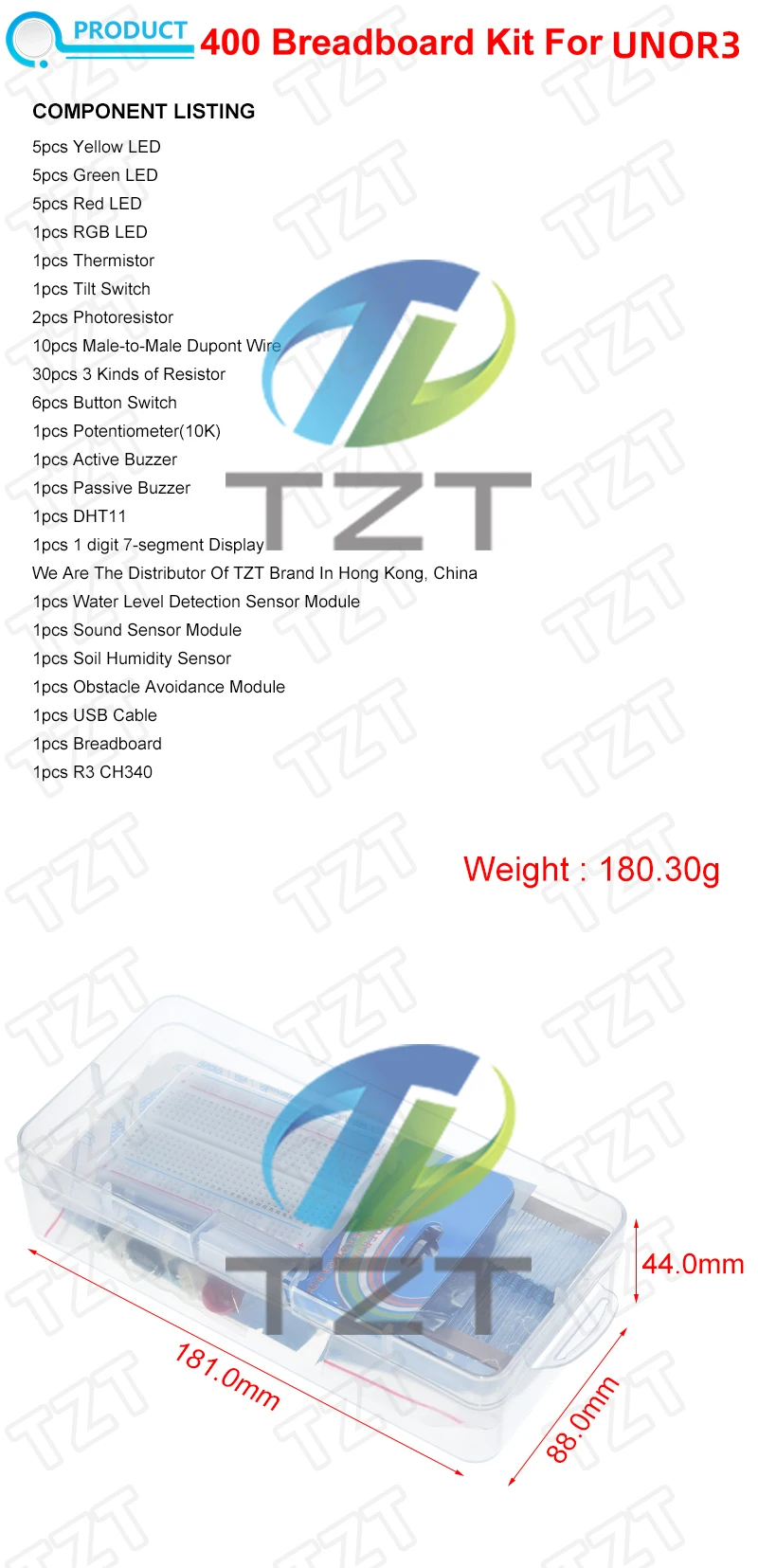 TZTUNO R3 Basis-Starter-Kit für Arduino DIY-Kit DHT11 / Steckbrett / Geräuschsensoren / Bodenfeuchtigkeitssensoren + Einzelhandelsverpackung – Detail 1