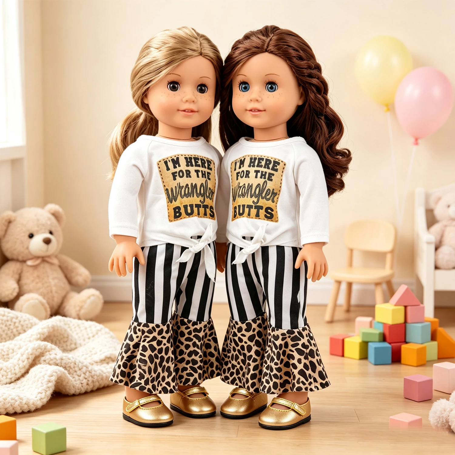 Funny Letter Print T-shirt Leopard Flare Pants Doll Clothes Set +Gold Shoes Fashion Accessories for 18