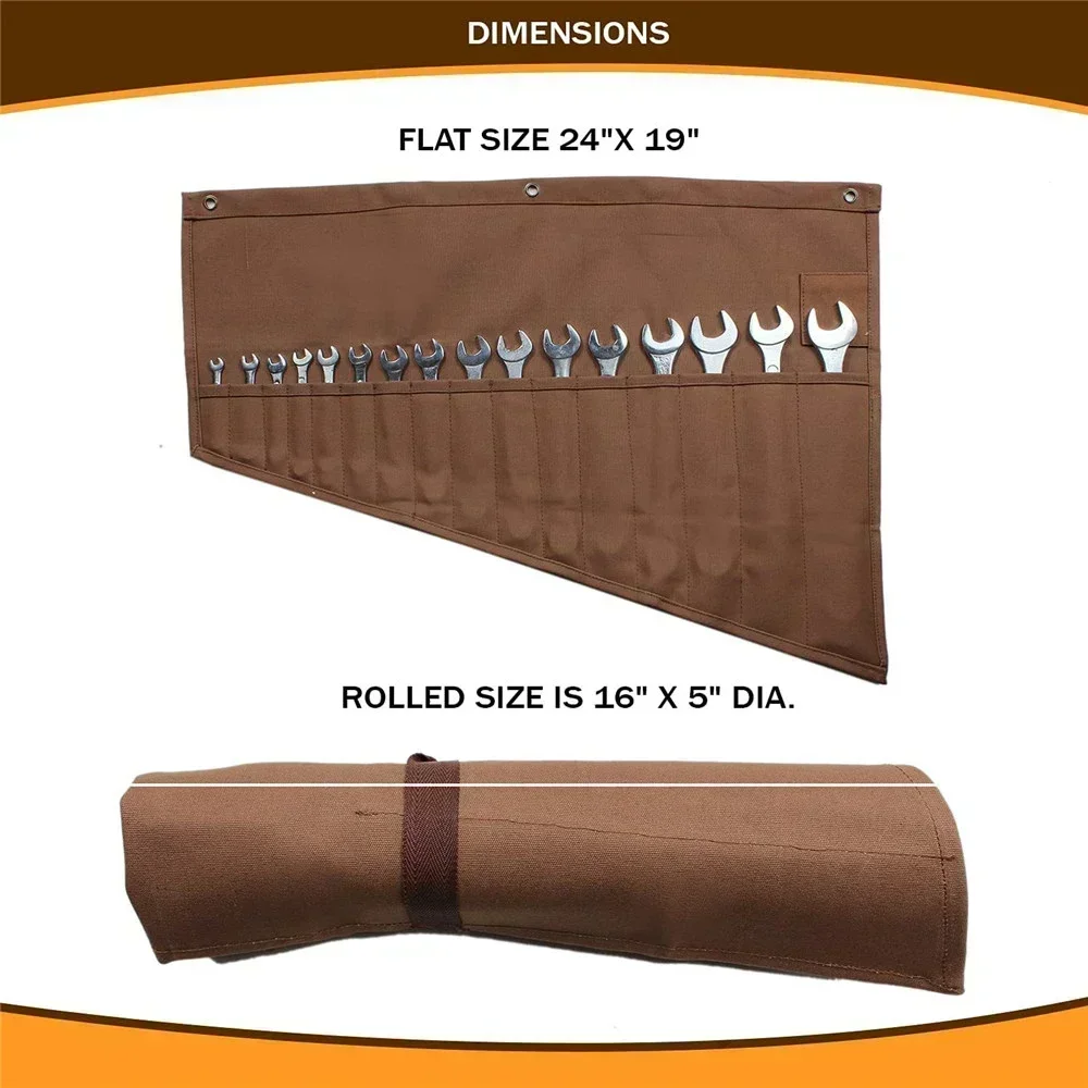 Sac en Rouleau d'Outils de Construction en Toile Cirée Durable 16oz, avec 14 Poches, pour Quincaillerie