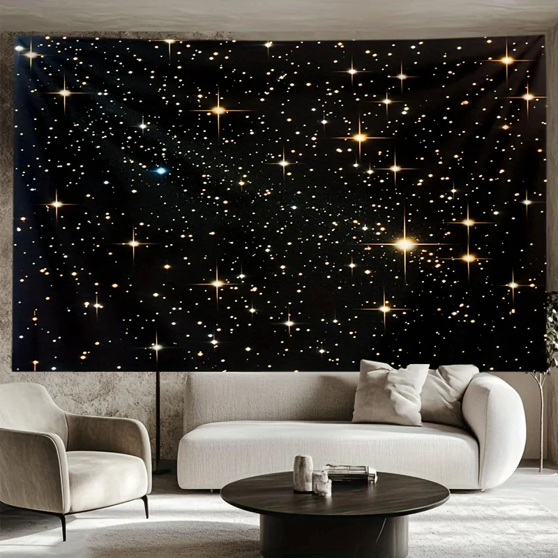 VIKAMA Galaxy Star Wall Tapestry Dark Cosmic Sky Twinkling Golden Star Print Minimalist Living Room Background Cloth