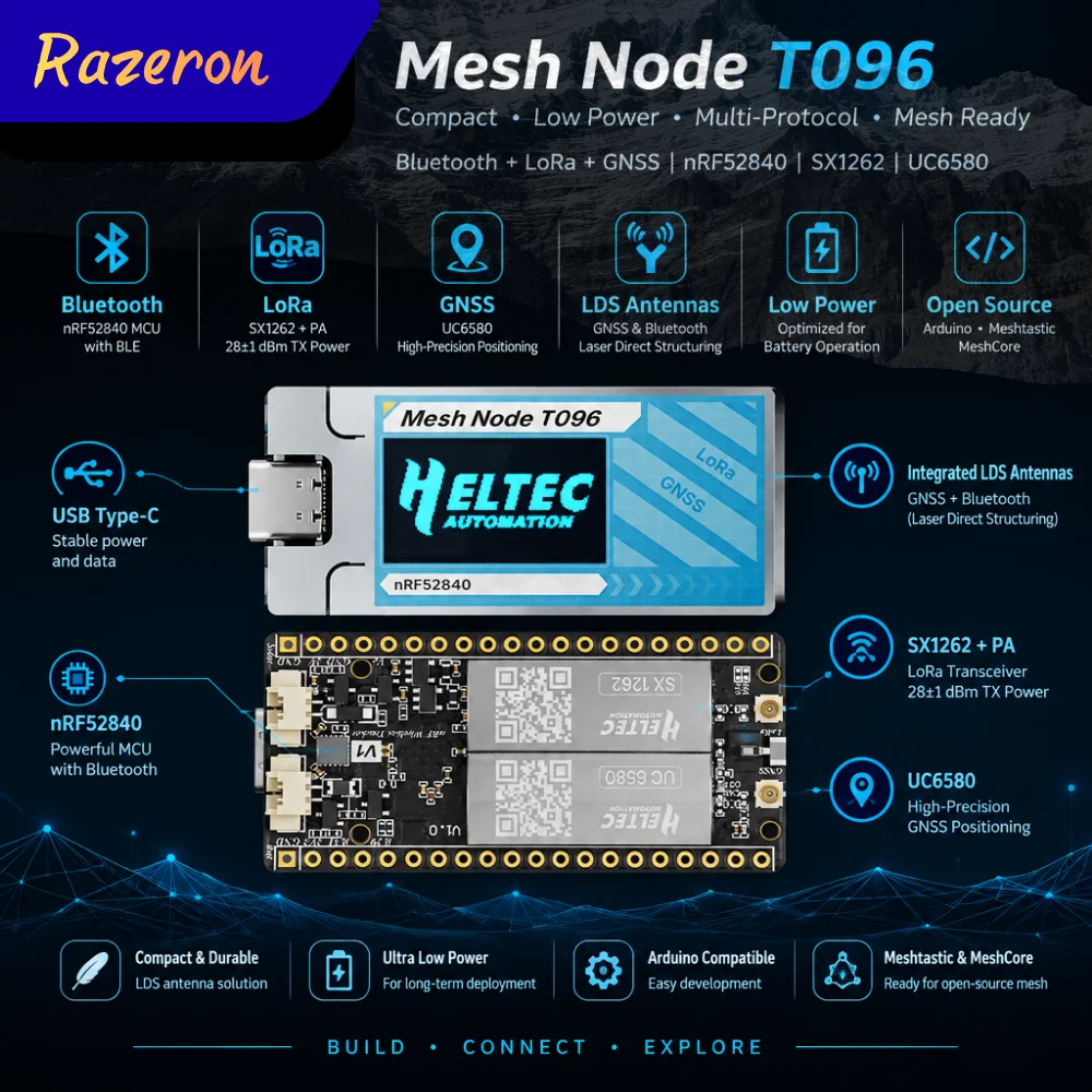 Heltec T096 Mesh Node NRF52840 SX1262 28dBm LoRa Tracker Meshtastic Dev Board Reticulum Meshcore Arduino High Power