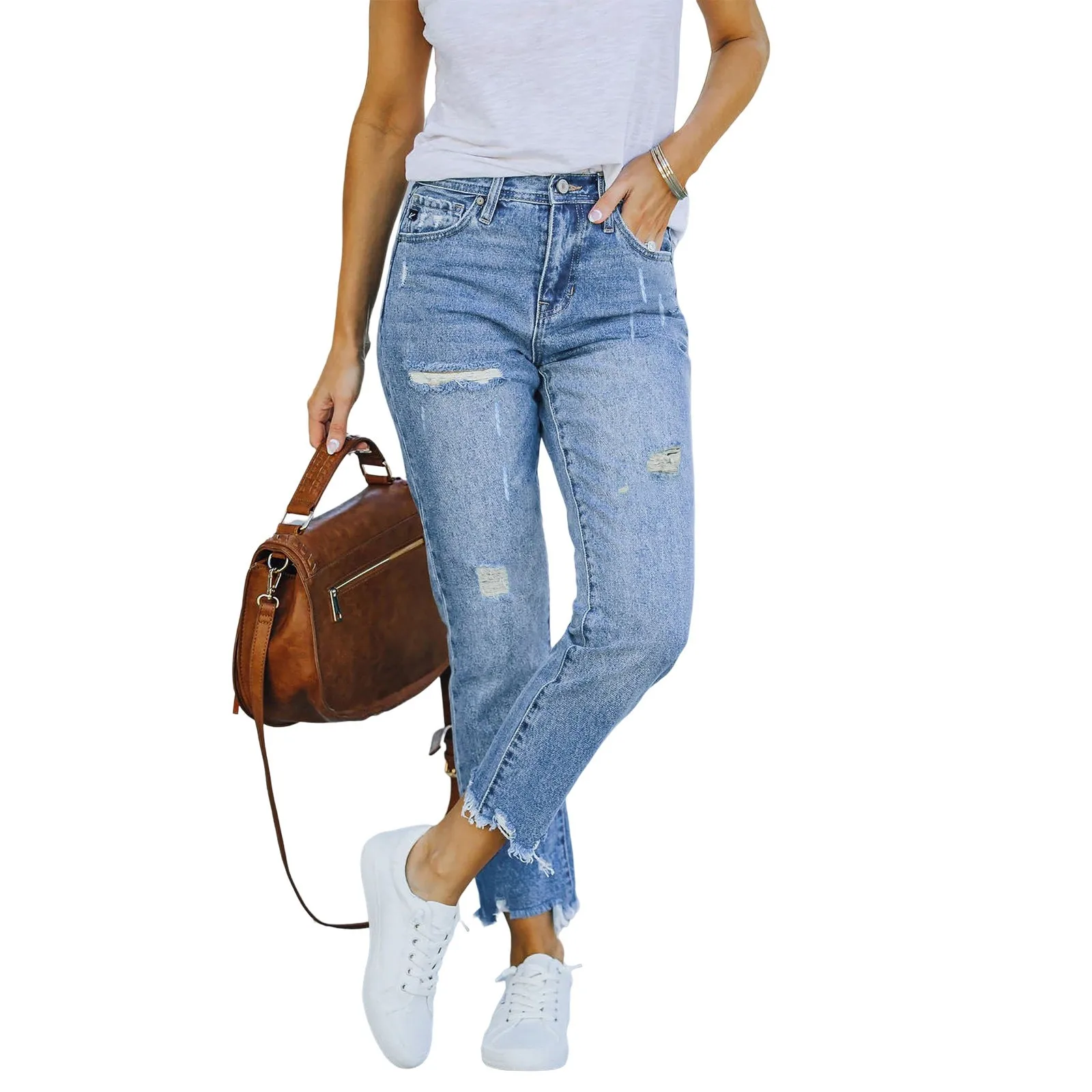 Pantaloni in Denim a gamba dritta a vita alta da donna polsini irregolari caviglia sfilacciata moda lavato vecchio colore fori strappati pantaloni Jeans da donna