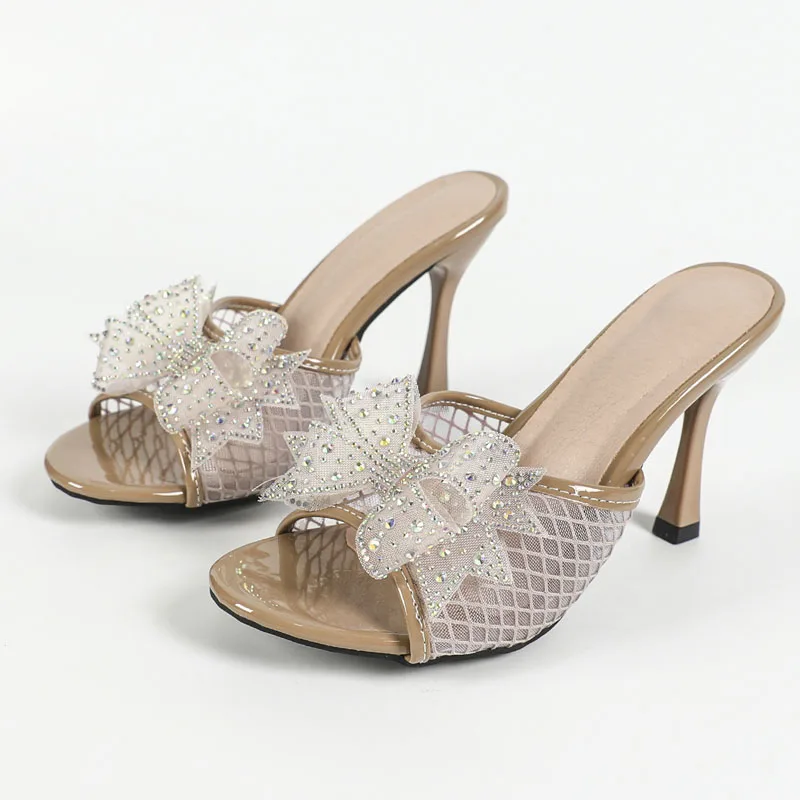 

Новые сетчатые женские шлепанцы на высоком каблуке 9 см с открытым носком, летние сандалии без шнуровки с узлом-бабочкой, женские туфли-лодочки для вечеринок WSH5286