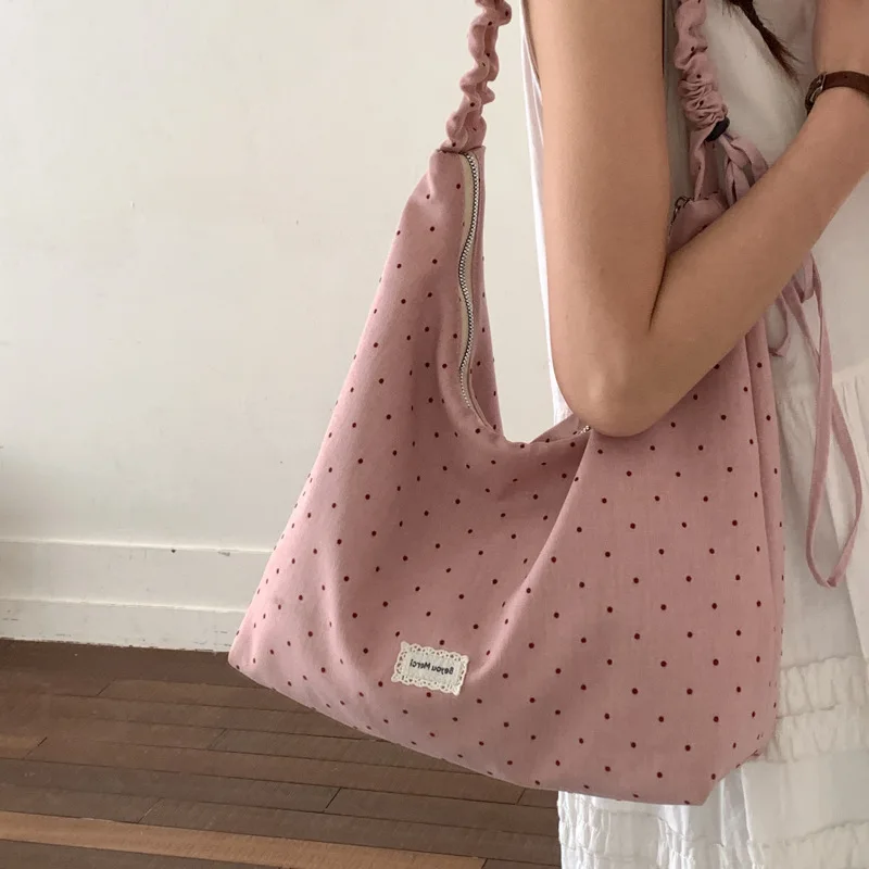 Polka Dot Canvas Tote Bag Ins Cute Large Capacity Shoulder Bag Korean  Spring Summer Student Handbag Crossbody for Schoolgirl