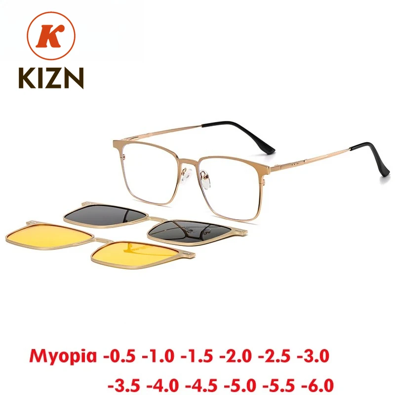 

KIZN 3 в 1 солнцезащитные очки для близорукости с защитой от синего света, поляризационные очки с магнитным зажимом, мужские квадратные очки по рецепту от -0,50 до -10