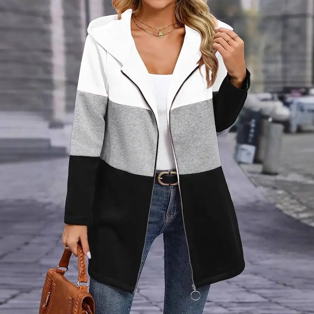 

Casual Loose Three-Color Block Hooded Jacket Women's Fashion Outerwear Autumn Winter Cross-Border Long Sleeve Zipper Windbreaker