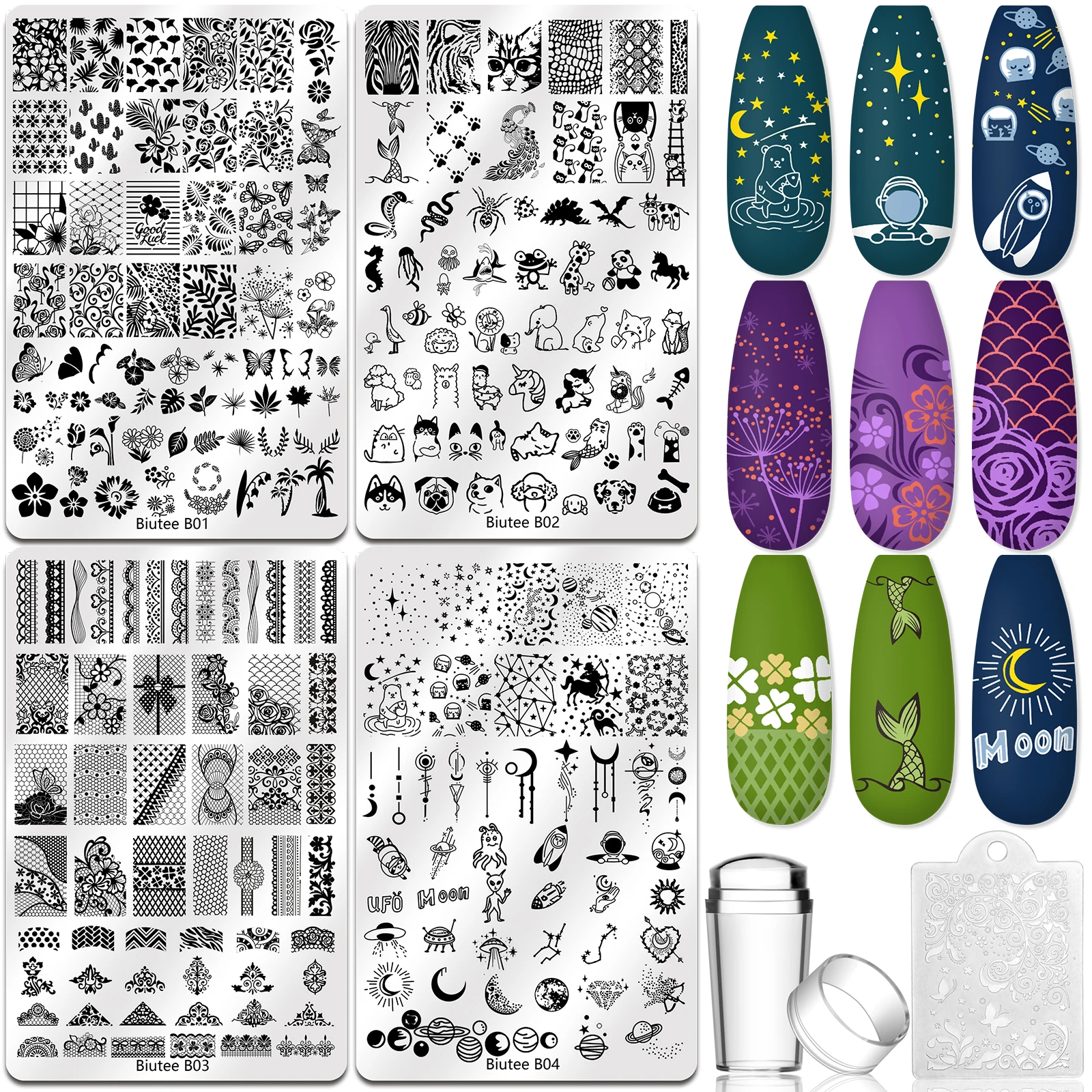 

Biutee Nail Art Templates Stamping Plate Design Flower Animal Glass Lace Stamp Templates Plates Image Jelly Stamper Scraper Kit